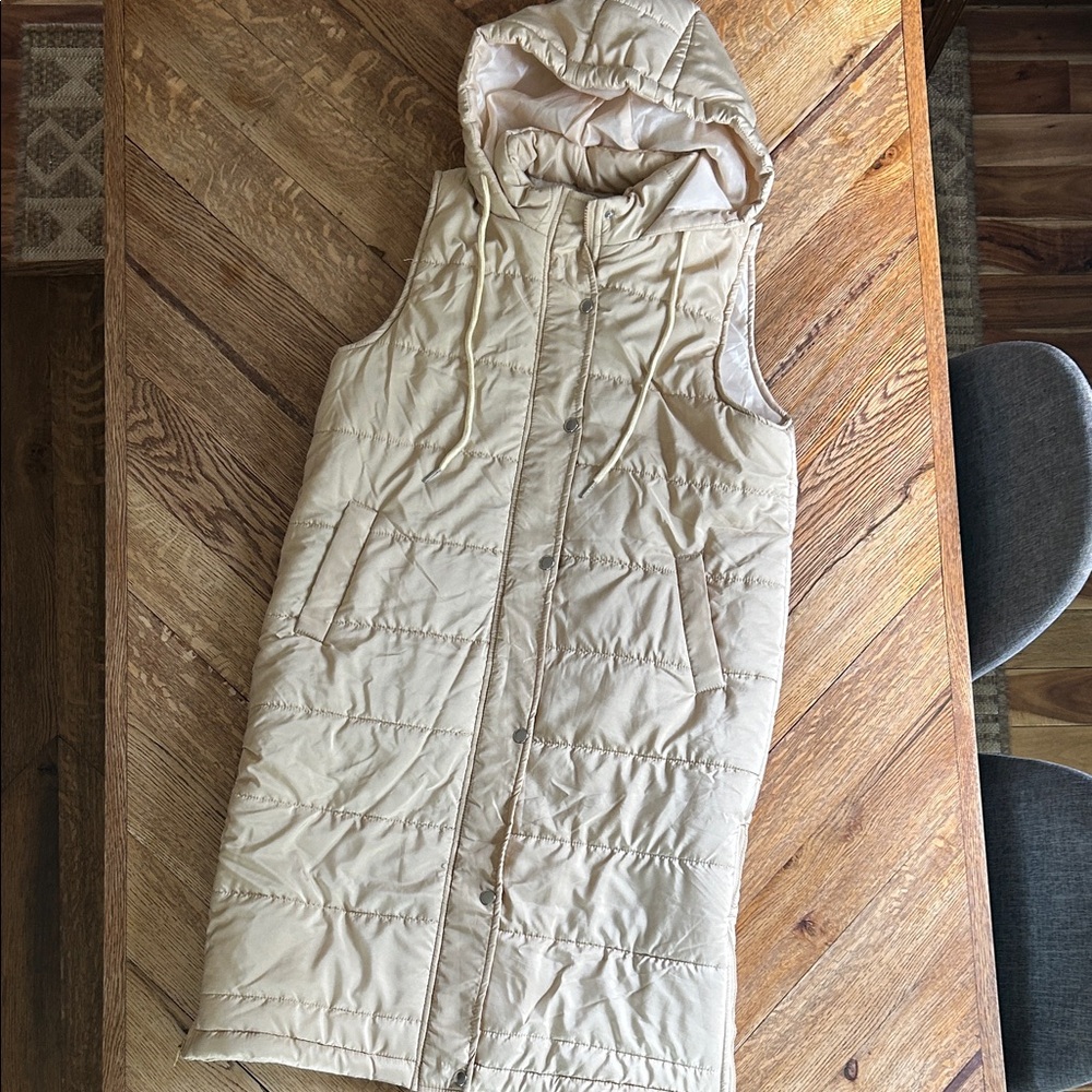 Cozy Beige Hooded Long Puffer Vest